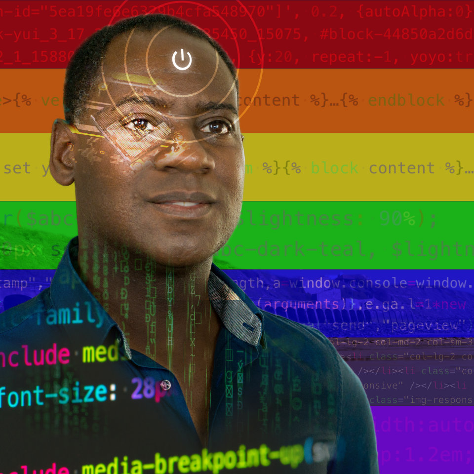 Montage image showing portrait of Anthony in front of a rainbow backdrop with html code superimposed over parts of the image