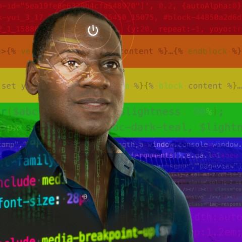 Montage image showing portrait of Anthony in front of a rainbow backdrop with html code superimposed over parts of the image