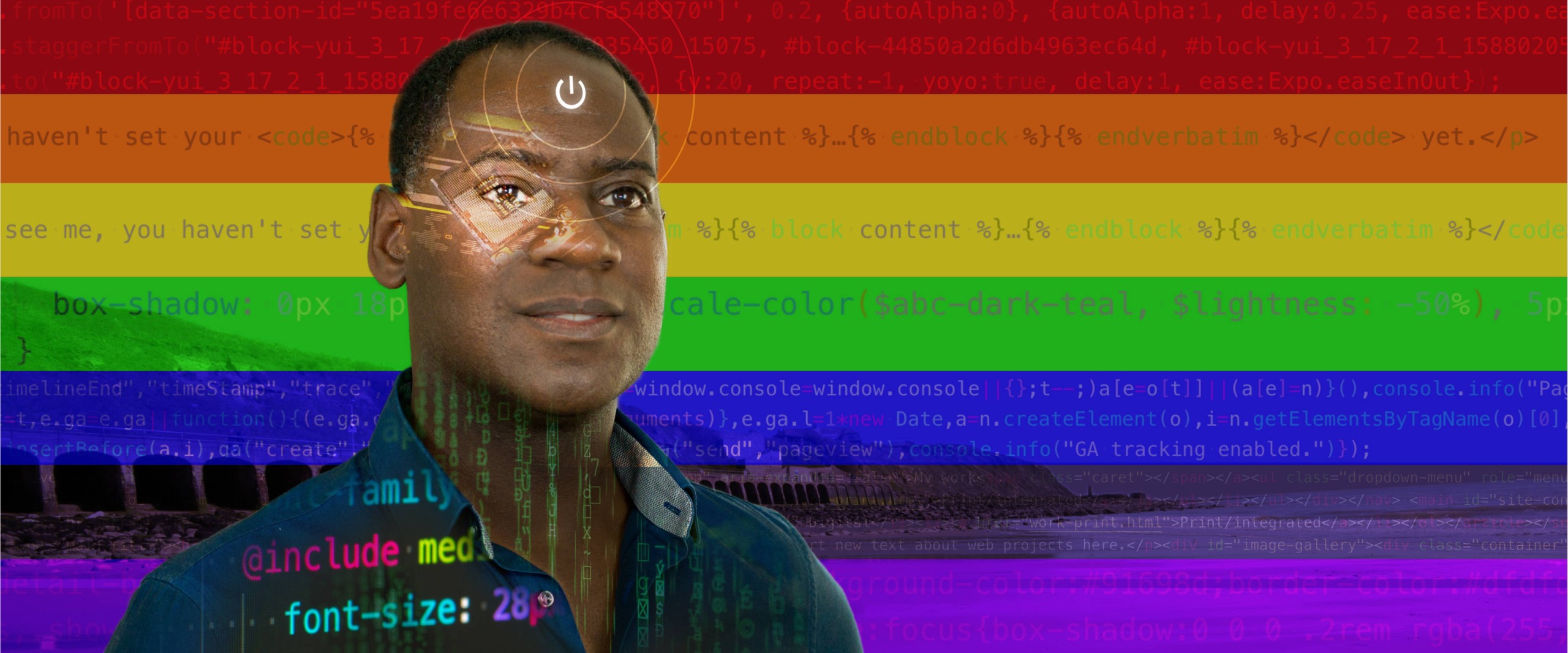 Montage image showing portrait of Anthony in front of a rainbow backdrop with html code superimposed over parts of the image