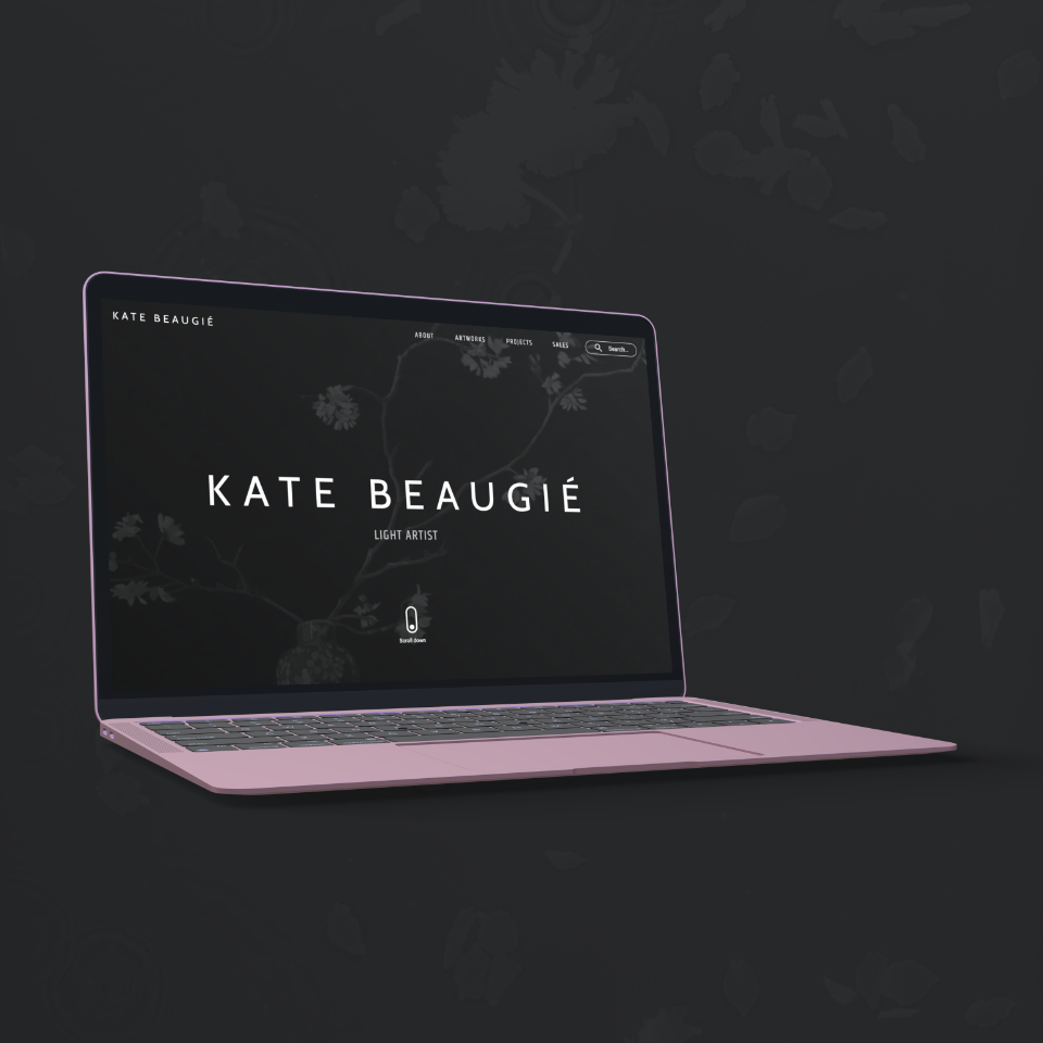 Montage image showing Kate Beaugié's website displayed on a laptop screen against a dark back drop of a photogram with leaves on water