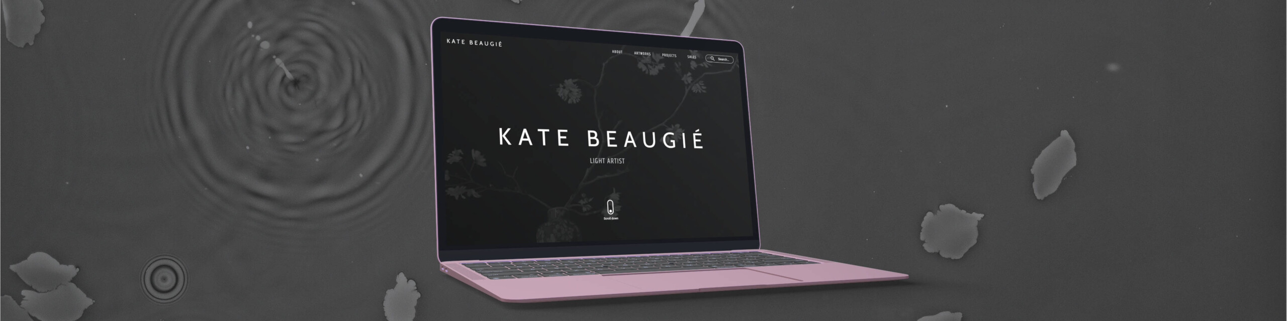Montage image showing Kate Beaugié's website displayed on a laptop screen against a dark back drop of a photogram with leaves on water