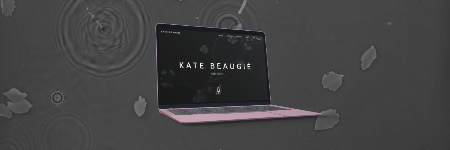 Montage image showing Kate Beaugié's website displayed on a laptop screen against a dark back drop of a photogram with leaves on water