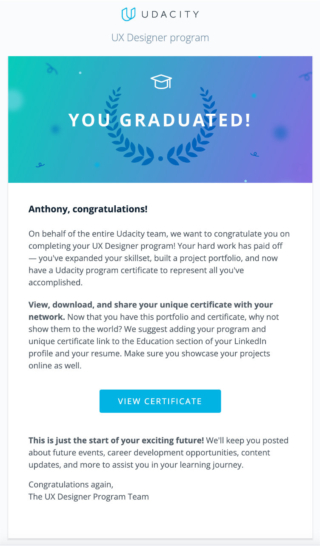Udacity UX Designer Program completion email confirmation congratulates me for graduating