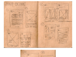 Hand sketch extract from Miro board showing rough website layout wireframes drawn on brown paper with black ink