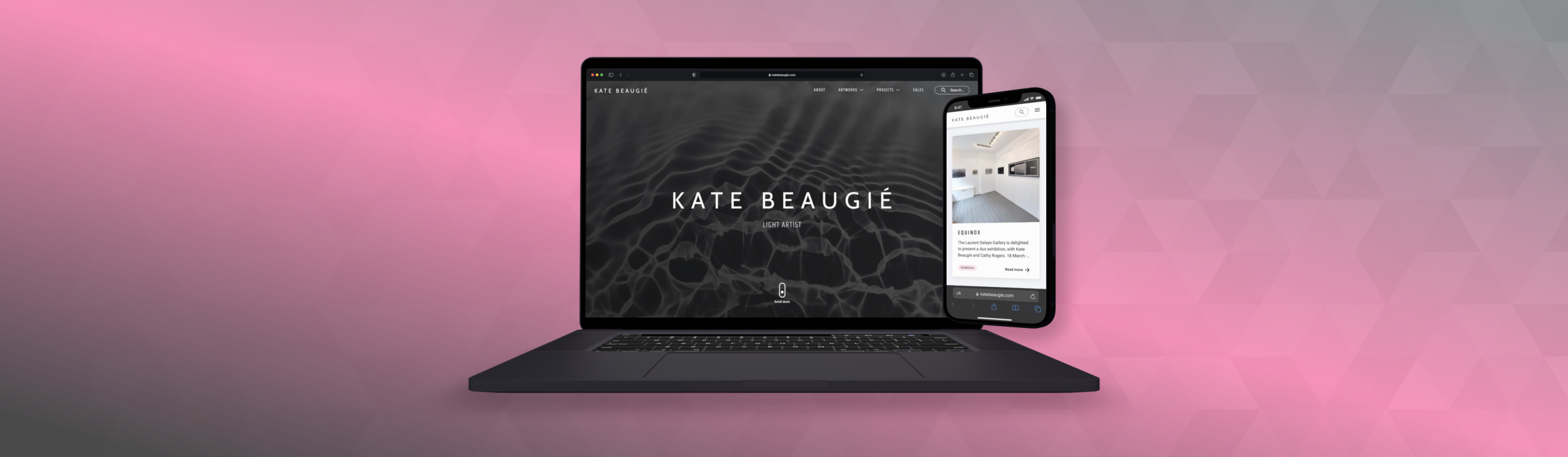 3D mockup of the Kate Beaugié website home page on an open laptop screen, along with a view of the projects page on an iPhone screen