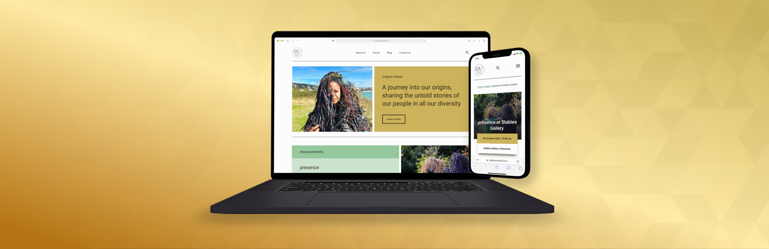 3D mockup of the Origins Untold website home page on an open laptop screen, along with a view of an events page on an iPhone screen