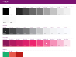 Colour palette style guide created in Figma shows the tints and shades of the neutral, primary and secondary brand colours.