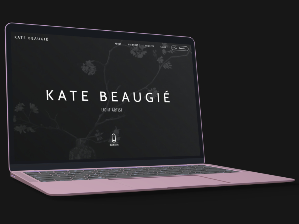 The final WordPress website home page on a laptop screen shows the Kate Beaugié logo mark over a dark background of a cherry blossom painting.