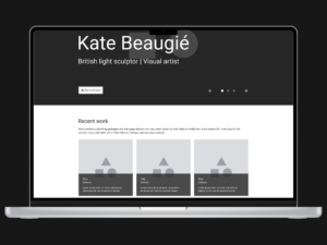 Low-fidelity wireframe layout of the website home page created in Figma (rendered on a MacBook Pro 16 laptop screen).