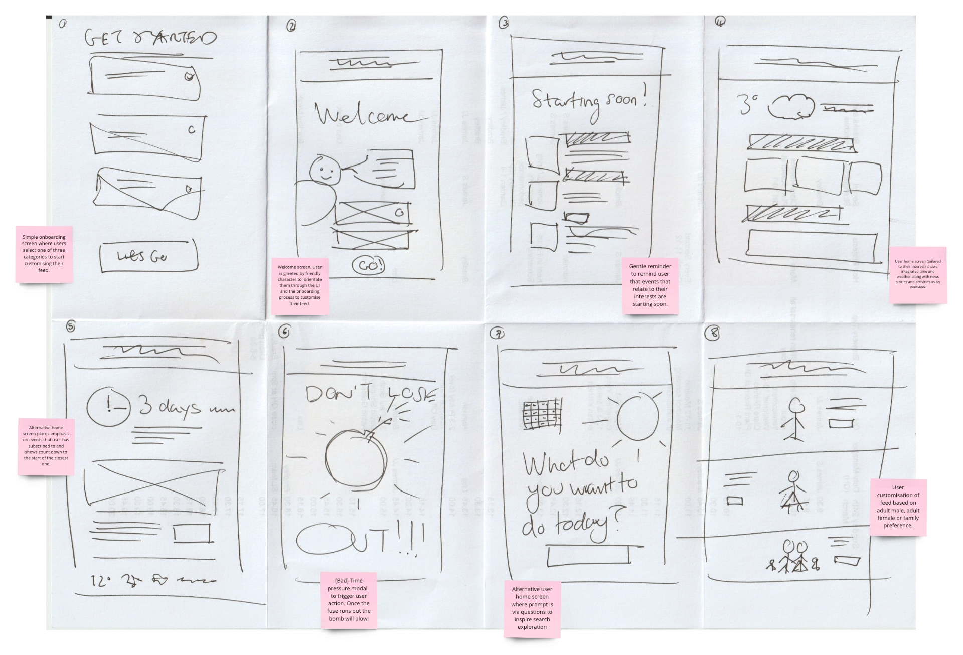 Sketches explored various ways in which users could select and view only the information they were interested in, see real-time weather, and be informed about upcoming events