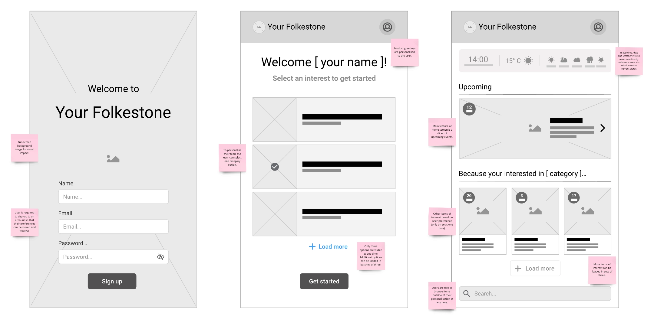 Wireframe mockups showed a skeletal structure of the app screens.