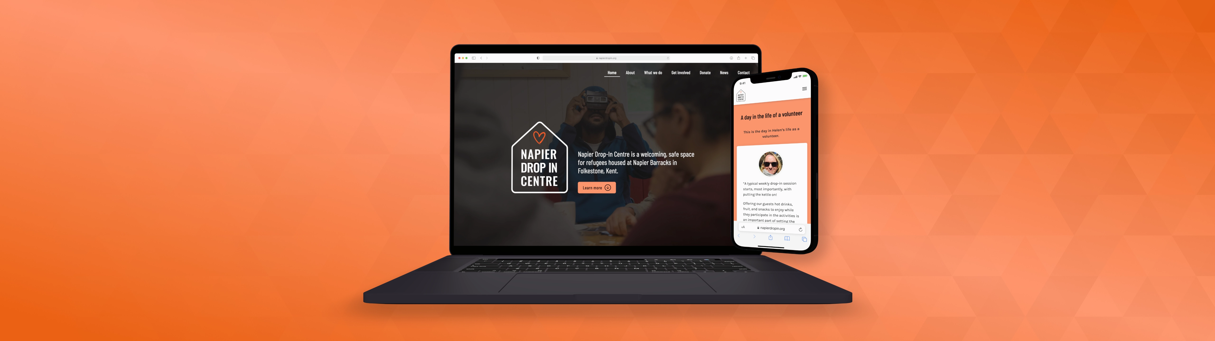 The Napier Drop-In Centre homepage shows the company logo and introductory text superimposed over a background photo of a group of drop-in centre visitors gathered around a table. The homepage is displayed on the screen of a MacBook 16.